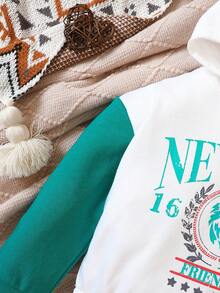 SHEIN Young Girl Letter Graphic Colorblock Hooded Sweatshirt - Multicolor - View 6