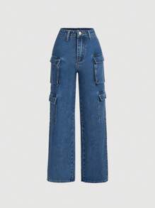 SHEIN 青少年女孩側翻蓋口袋工裝牛仔褲 - 深色水洗藍 - 查看 1
