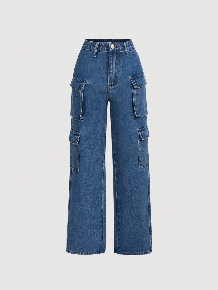 SHEIN 青少年女孩側翻蓋口袋工裝牛仔褲 - 深色水洗藍 - 查看 1