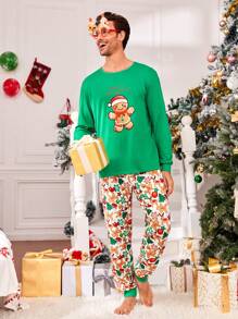 男士聖誕薑餅人印花休閒服套裝適用於聖誕 - 綠色 - 查看 3