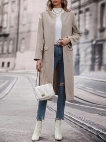 SHEIN Clasi Flap Pocket Open Front Overcoat - Apricot - View 3