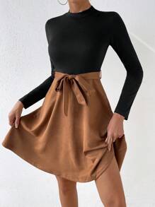 Chiquease Two Tone Mock Neck Belted Dress - Black - View 3