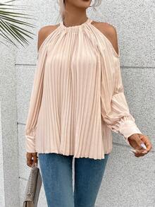 SHEIN Frenchy Vai lạnh Chi tiết xếp nếp Áo sơ mi - Màu be - Xem 2