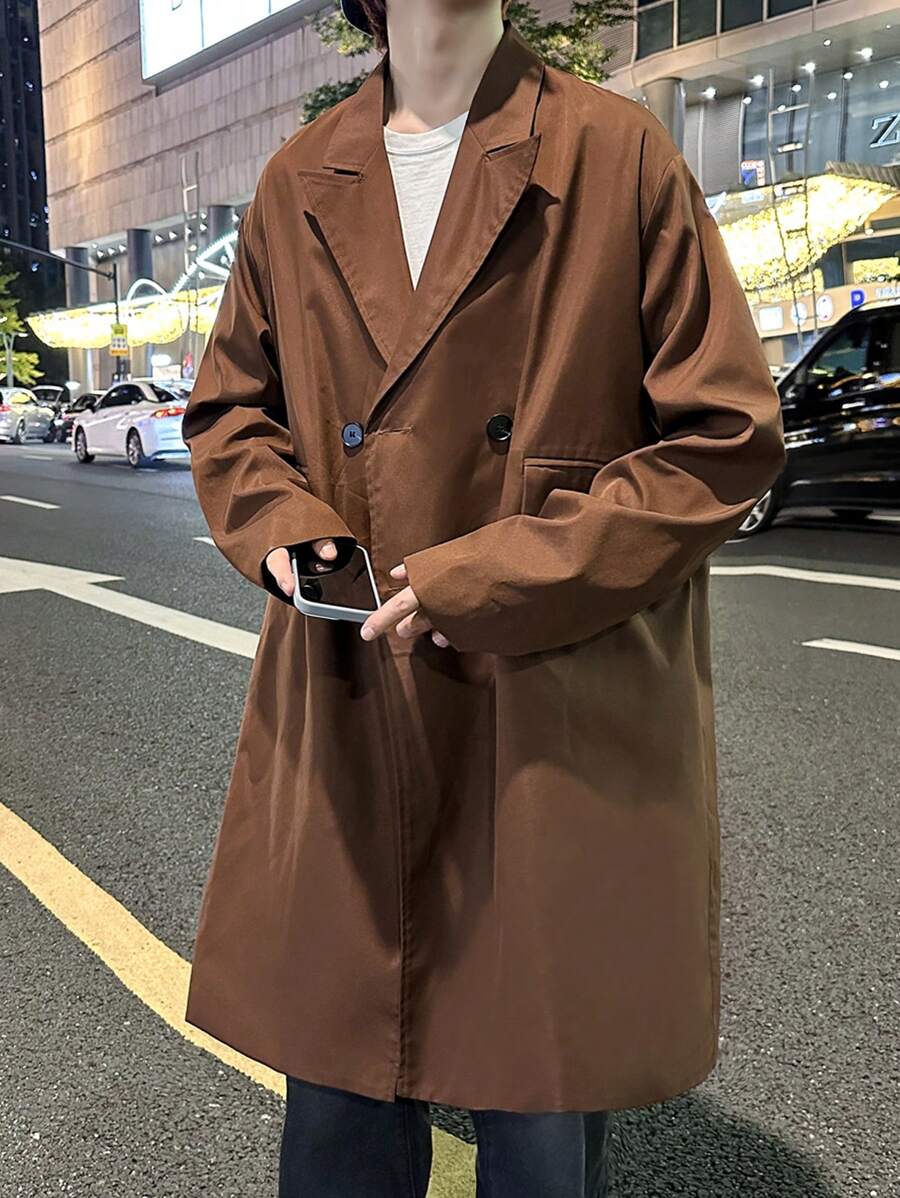 Claim Dot Loose Men's Double Breasted Trench Coat With Flap Detail - Coffee Brown - View 1