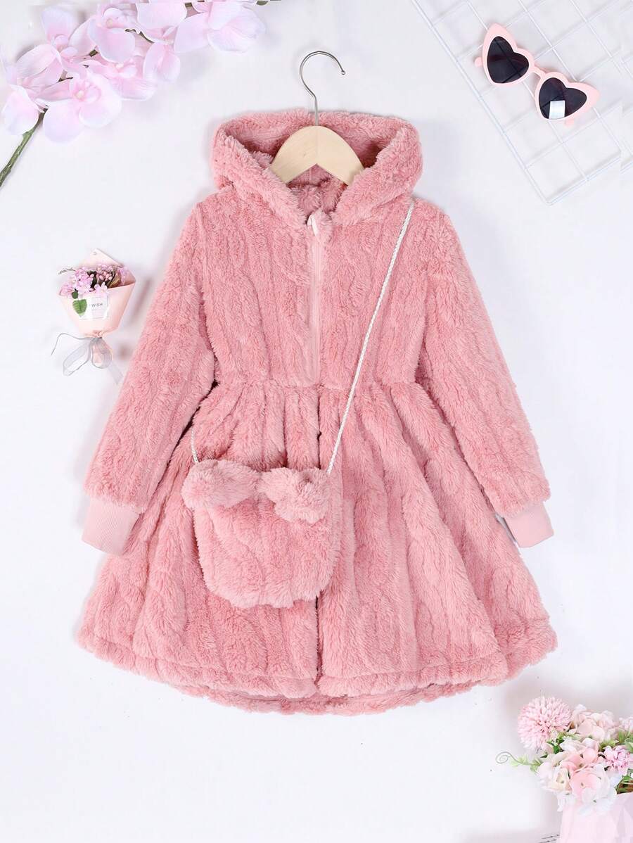SHEIN Young Girl Zip Up Hooded Teddy Dress With Bag - Pink - View 1