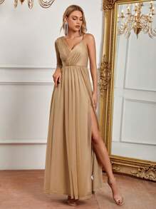 SHEIN Belle 不對稱領高衩伴娘洋裝 - 卡其色 - 查看 6