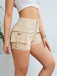 Flap Pocket Side Cargo Shorts - Apricot - View 3