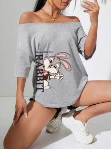 SHEIN Unity Đồ họa con thỏ & khẩu hiệu Off Shoulder Áo thun - Xám - Xem 1