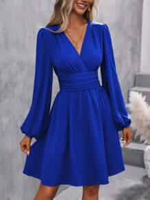 EMERY ROSE Surplice Neck Lantern Sleeve Ruched Waist Dress Fall Cloth For Women - Royal Blue - View 7