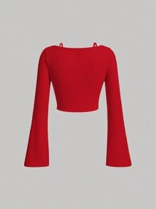 SHEIN MOD Camiseta crop unicolor ribete con encaje - Rojo - Ver 2
