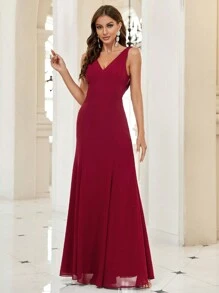 SHEIN Belle Burgundy Red Draped Backless Chiffon Bridesmaid Dress - Burgundy - View 6