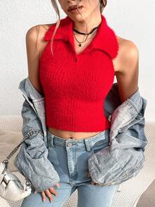 SHEIN Unity 素色露背繞頸露背針織短上衣 - 紅色 - 查看 3