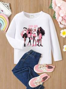 SHEIN 年輕女孩千禧甜美時尚印花白色圓領長袖t恤