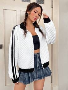 SHEIN EZwear Chi tiết Patched thư Tương phản Đường may bên Thả vai Áo khoác - Đen và trắng - Xem 5