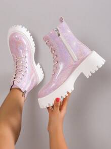 European Minimalist Chic Chunky Heeled Short Boots, Sparkling Pink Motorcycle Ankle Boots For Fall/Winter,Boots For Women - Pink - View 1