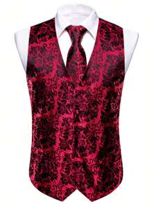 男士大码1入組花磚圖案提花馬甲和1入組系帶和1入組手帕和1雙袖扣 - 紅色 - 查看 3