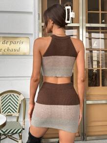 SHEIN Essnce 撞色短款吊脖針織上衣&針織短裙 - 彩色 - 查看 2