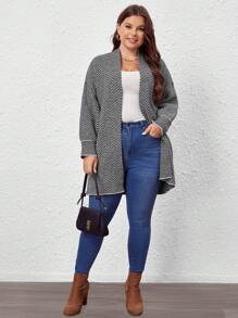 SHEIN LUNE Plus Size Chevron Pattern Drop Shoulder Cardigan - Black and White - View 3