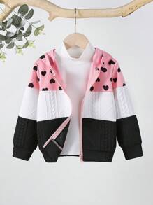 SHEIN Elladie kids Áo khoác nỉ có khóa kéo, phối màu, in hình trái tim, dành cho bé gái (không kèm áo len bên trong) - màu đen - Xem 1