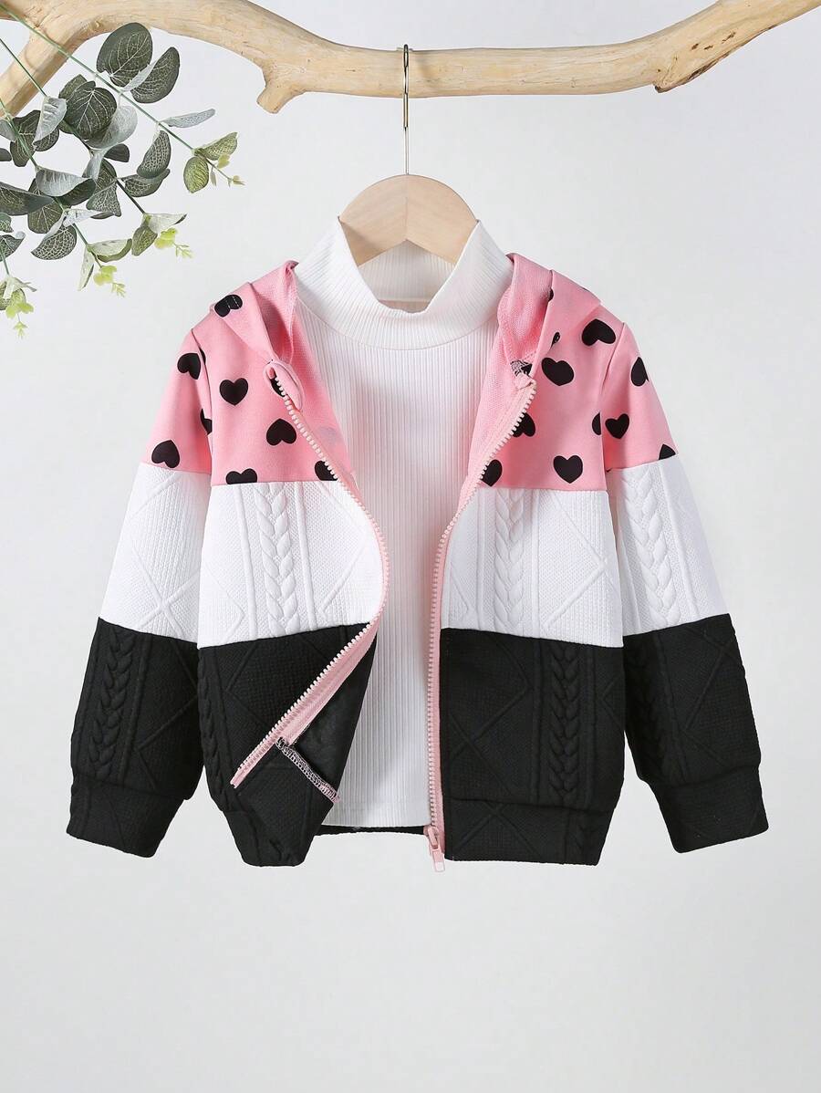 SHEIN Elladie kids Áo khoác nỉ có khóa kéo, phối màu, in hình trái tim, dành cho bé gái (không kèm áo len bên trong) - màu đen - Xem 1
