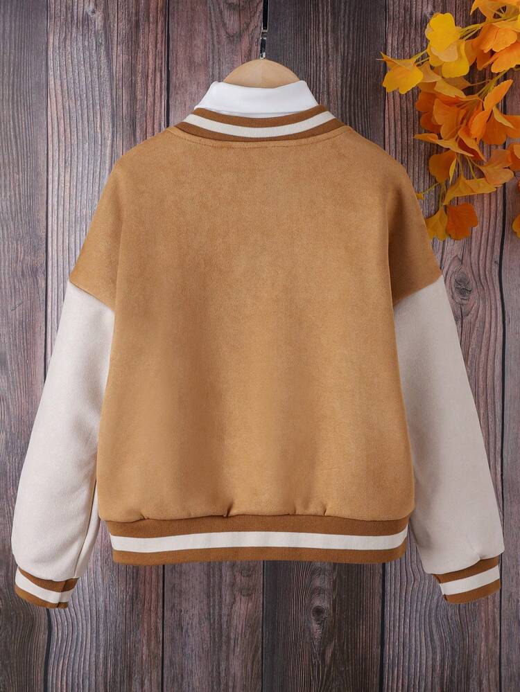 1個 ティーンガール 文字グラフィック ストライプトリム ドロップショルダー バーシティジャケット