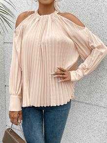 SHEIN Frenchy Vai lạnh Chi tiết xếp nếp Áo sơ mi - Màu be - Xem 5