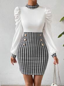 SHEIN Privé Houndstooth Print Gigot Sleeve Mock Neck Bodycon Dress - White - View 4