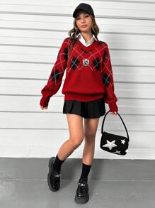 SHEIN Qutie Họa tiết Argyle Thả vai Áo len - Màu Đỏ Sâu - Xem 6