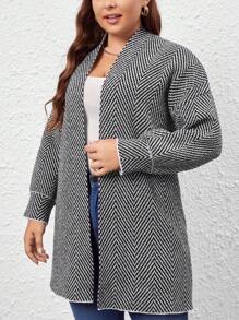 SHEIN LUNE Plus Size Chevron Pattern Drop Shoulder Cardigan - Black and White - View 5