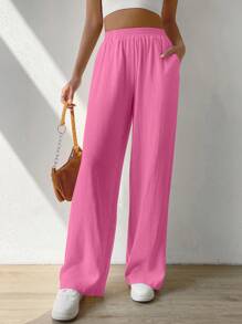 SHEIN EZwear Solid Slant Pocket Wide Leg Pants - Hot Pink - View 4