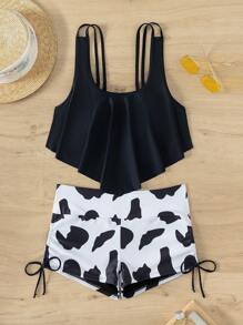 牛印花手帕搭配收口側邊短褲的坦克泳裝 - 黑與白 - 查看 1