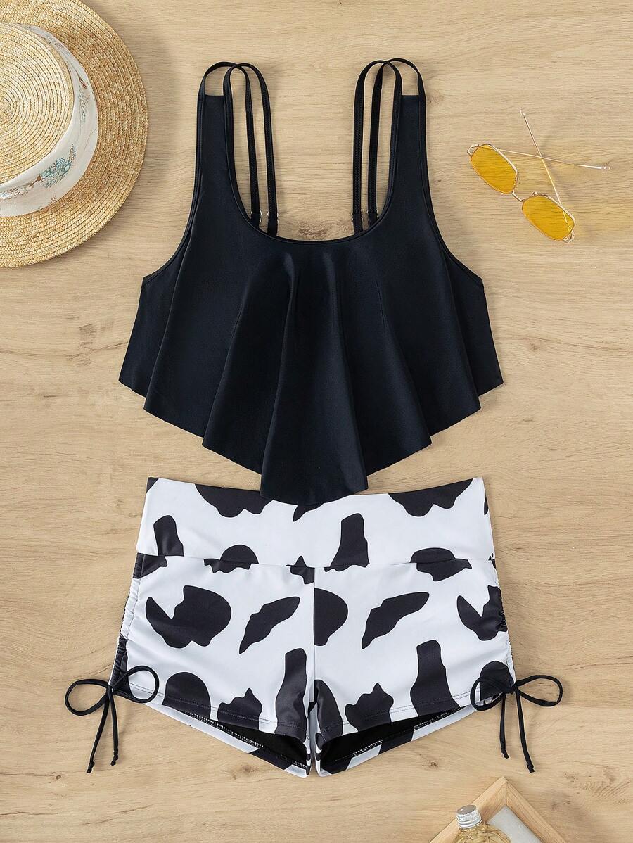 牛印花手帕搭配收口側邊短褲的坦克泳裝 - 黑與白 - 查看 1