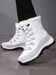 Women's White Fabric & Leather Splice Outdoor High-Top Snow Boots, With Thick Thermal Lined And Non-Slip Sole, All-Match Style - White - View 7