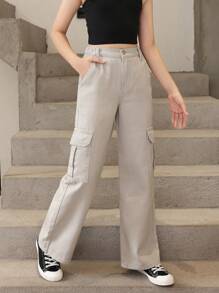 SHEIN Tween Girl Flap Pocket Side Cargo Jeans Summer Holiday - Grey - View 3