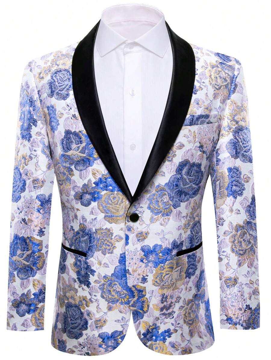 Hombres Blazer floral jacquard de cuello esmoquin con botón - Azul - Ver 1