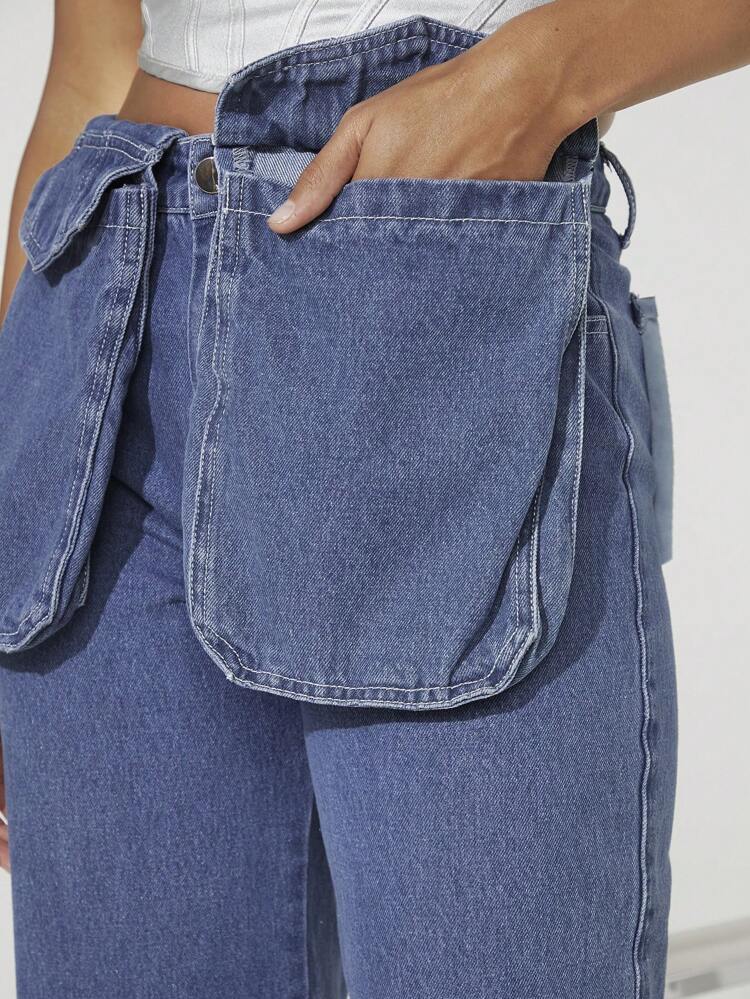 Flap Pocket Contrast Wide Leg Casual Jeans