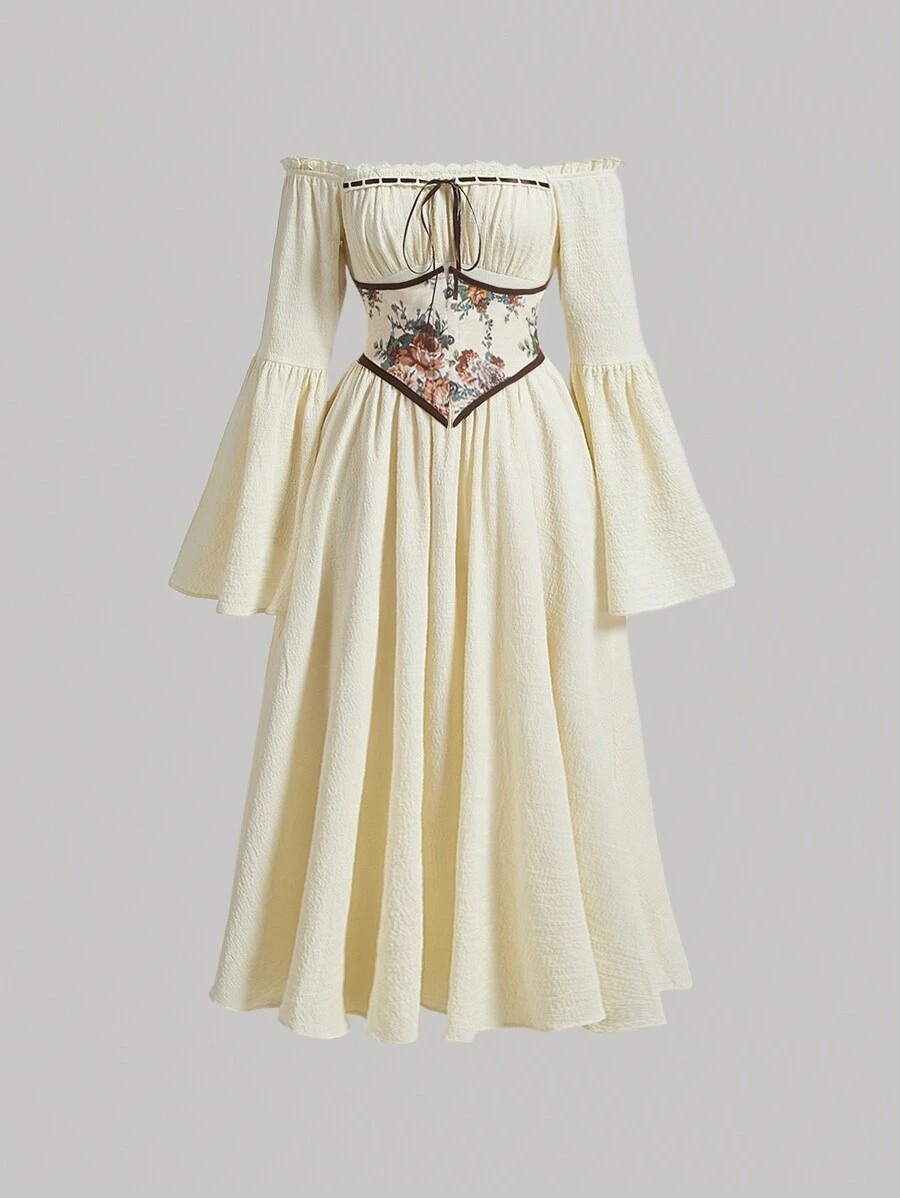 SHEIN MOD 印花一字肩前打結鐘形袖洋裝 - 杏色 - 查看 1