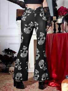 Joress PUNK Halloween Skull Print Ruched Flare Leg Pants - Black - View 3