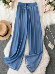 DreamSkyne Plus Drawstring Waist Slant Pocket Straight Leg Pants Fall Cloth For Women - Blue - View 1