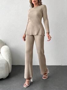 EURMUSE Solid Split Hem Tee & Flare Leg Pants - Beige - View 5