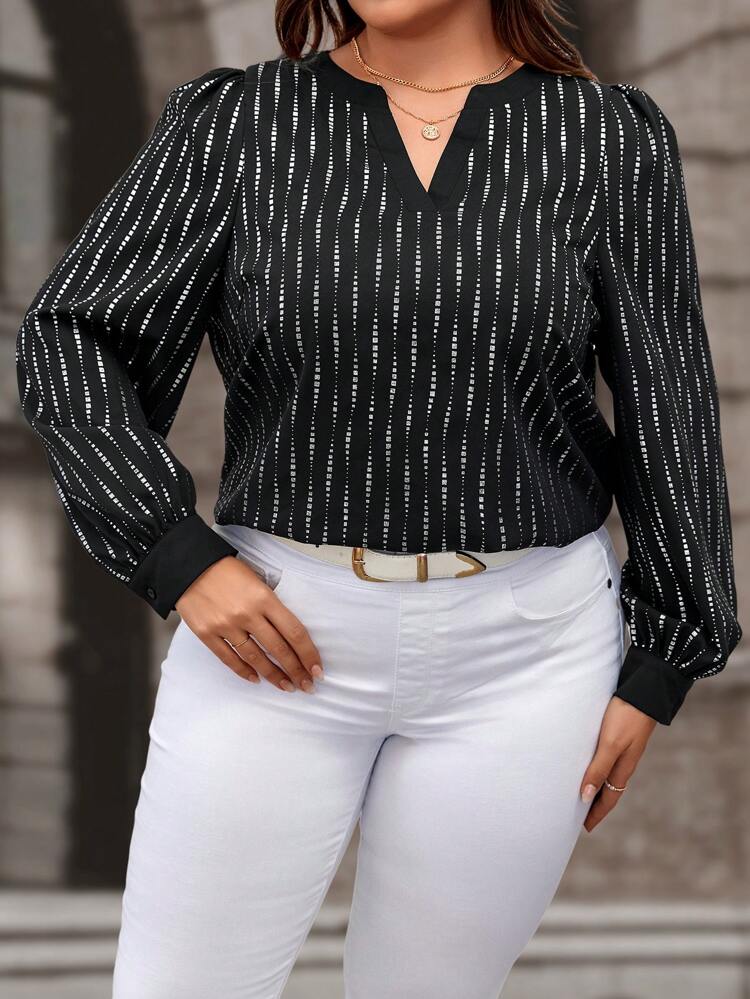 Plus Allover Print Notched Neckline Blouse