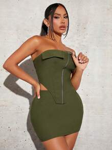 SHEIN SXY Zip Up Asymmetrical Hem Tube Top & Bodycon Skirt new years eve outfit
party outfit 
sexy outfit - Army Green - View 5
