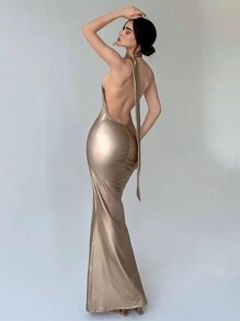 Aloruh Women'S Glossy Backless Prom Dress For Valentine'S Day, Dating And Parties - Champagne - View 3