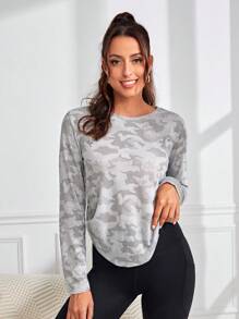Easithlete Camo Print Curved Hem Sports Tee Gym Top - Grey - View 4