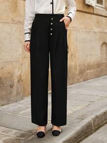 SHEIN Frenchy Nút phía trước Chi tiết xếp li Quần chân thẳng - màu đen - Xem 3
