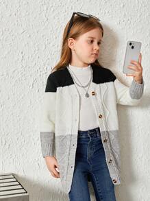 SHEIN 女小童撞色前紐扣開襟衫 - 彩色 - 查看 4