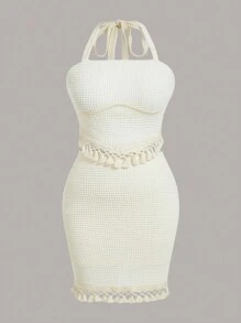 SHEIN Holidaya ribete fruncido Top halter & Falda ajustada - Albaricoque - Ver 1