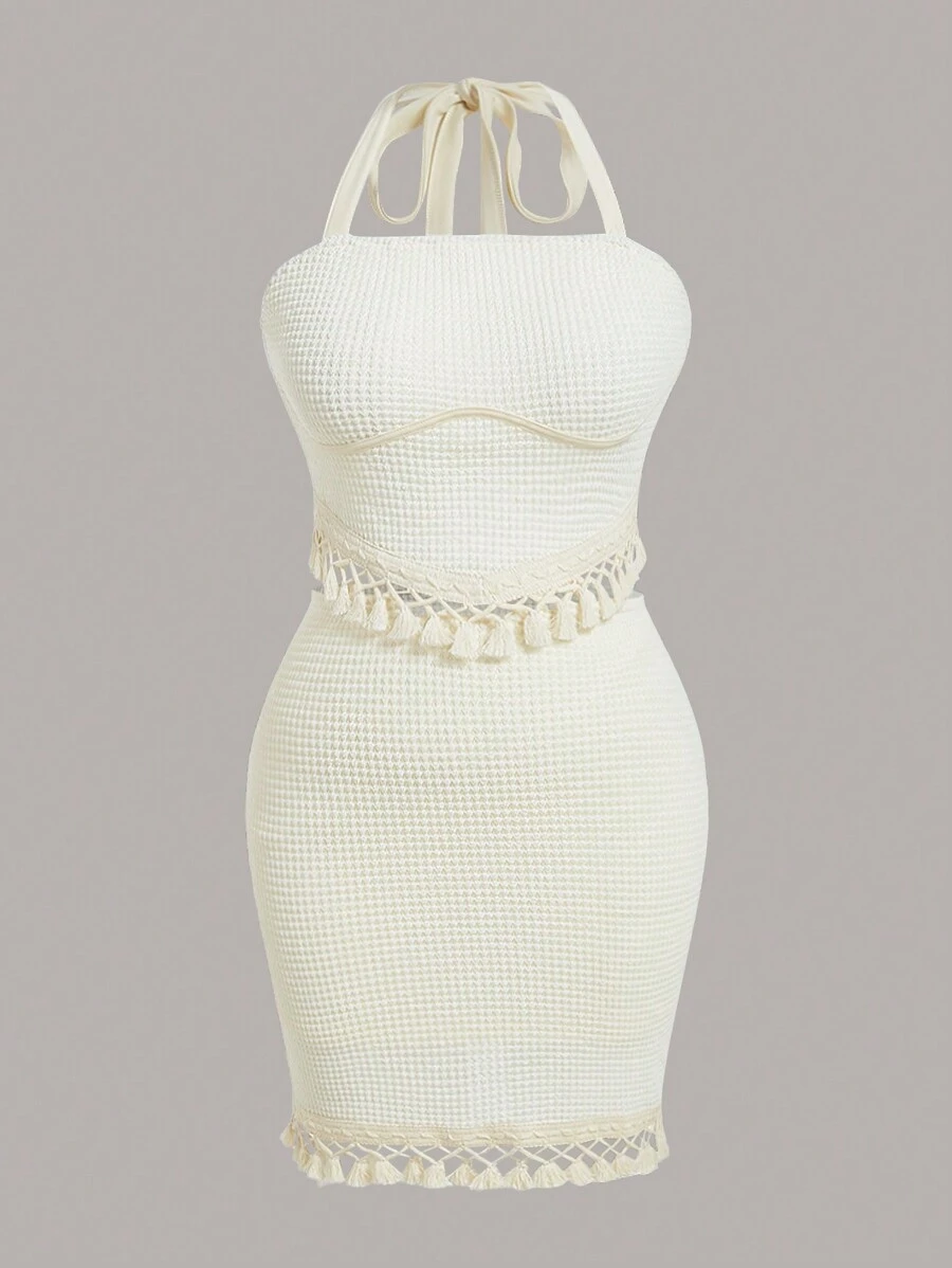SHEIN Holidaya ribete fruncido Top halter & Falda ajustada - Albaricoque - Ver 1
