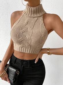 Chiquease Turtleneck Cable Knit Crop Knit Top - Khaki - View 6