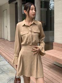 DAZY 喇叭袖短款衬衫和褶皱裙，女士两件套 - 卡其色 - 查看 3